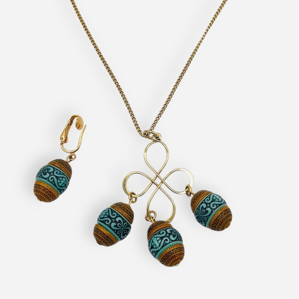 Vintage Sarah Coventry Polka Necklace Gold Quatrefoil Barrel Turquoise 1 Earring